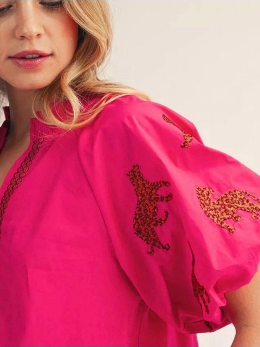 JODIFLWomen's Pink Embroidered Puff-Sleeve Blouse - Picture 5 of 7